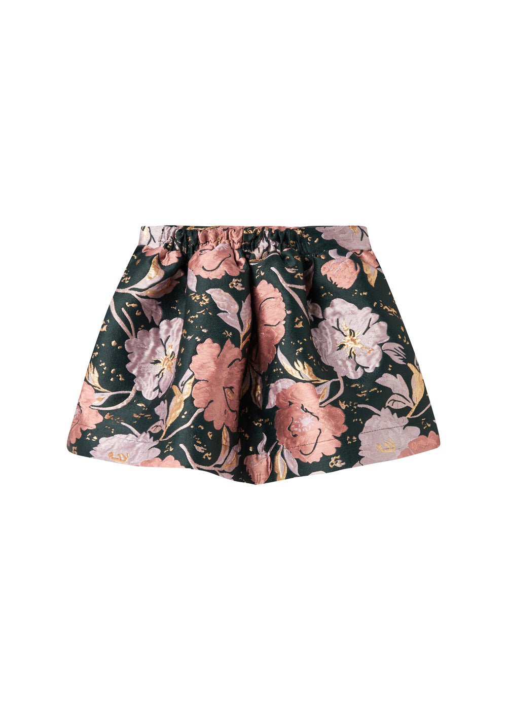 Kort mørkegrøn nederdel med store blomster og sløjfedetalje til børn