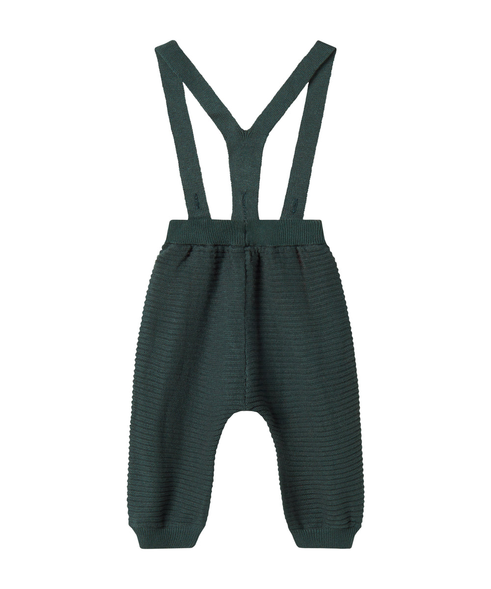Mørkegrønne strikkede bukser med seler og fine knapper til baby