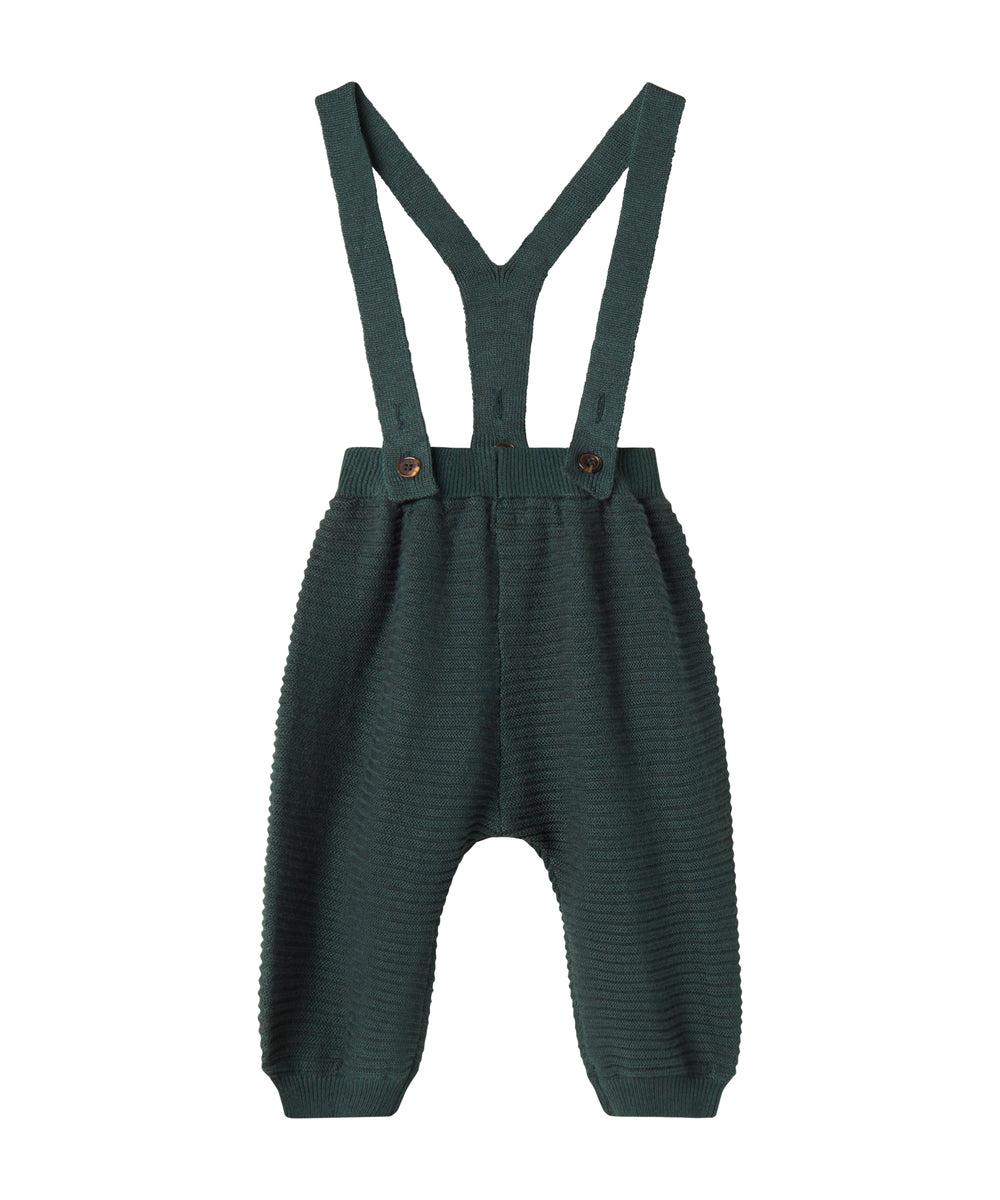 Mørkegrønne strikkede bukser med seler og fine knapper til baby