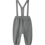 Grå strikkede bukser med seler og fine knapper til baby