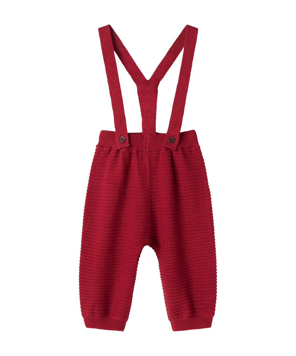 Røde strikkede bukser med seler og fine knapper til baby