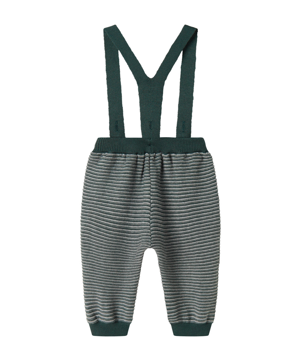 Mørkegrønne strikkede bukser med seler og fine striber til baby