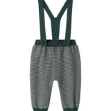 Mørkegrønne strikkede bukser med seler og fine striber til baby