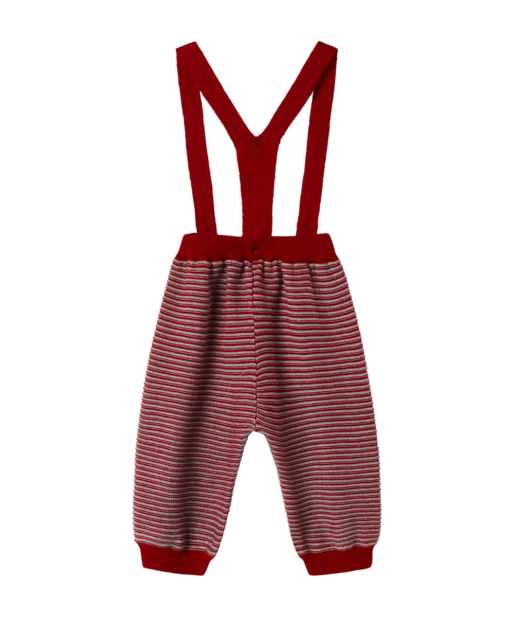 Strikkede bukser med røde og grå striber og seler til baby