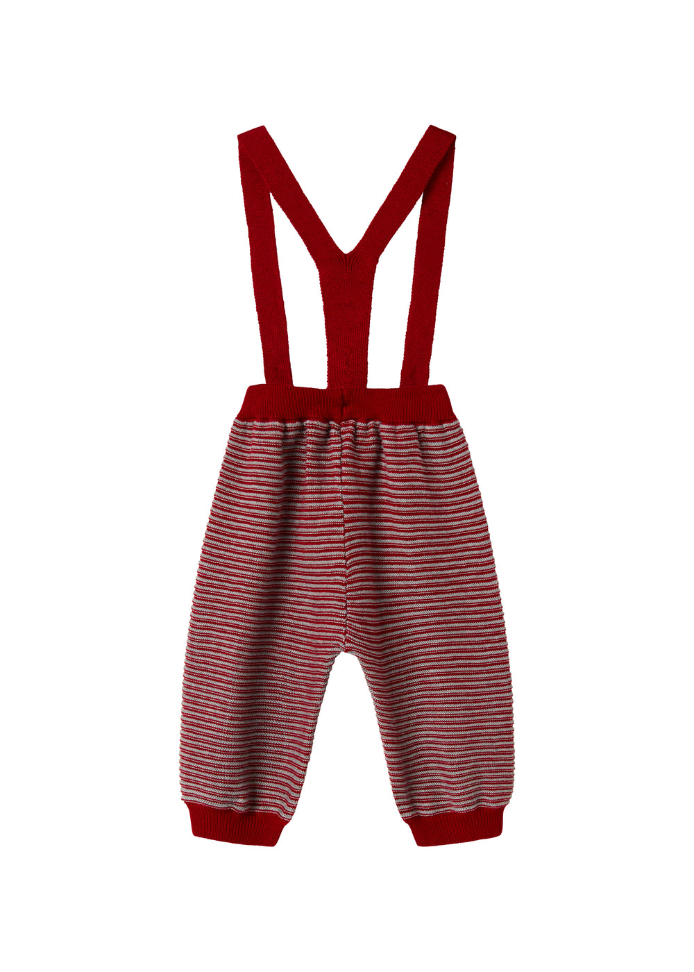 Strikkede bukser med røde og grå striber og seler til baby