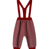 Strikkede bukser med røde og grå striber og seler til baby