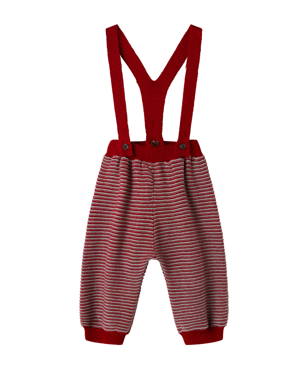 Strikkede bukser med røde og grå striber og seler til baby