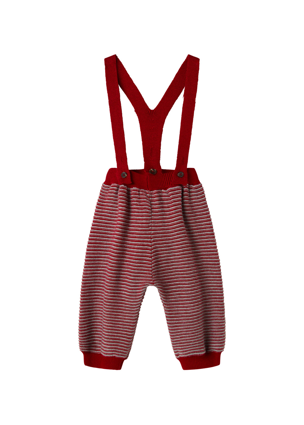 Strikkede bukser med røde og grå striber og seler til baby