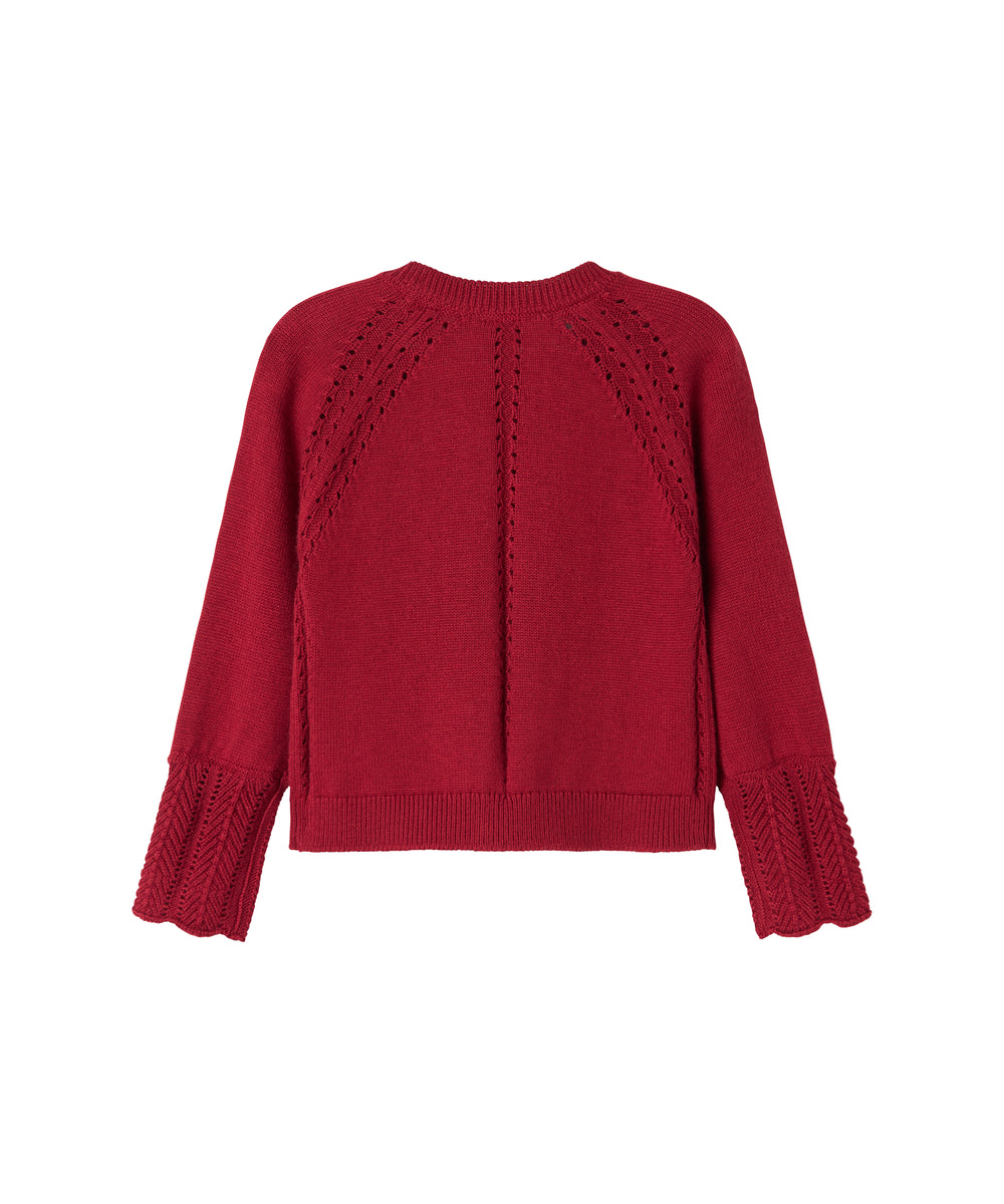 Rød juletrøje med fine hulmønstre og ribkanter til baby