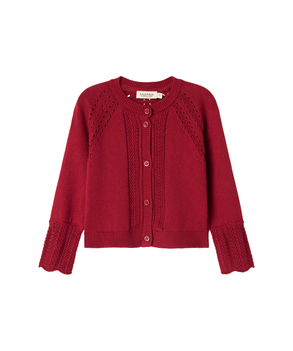 Rød cardigan med fine hulmønstre og ribkanter til baby
