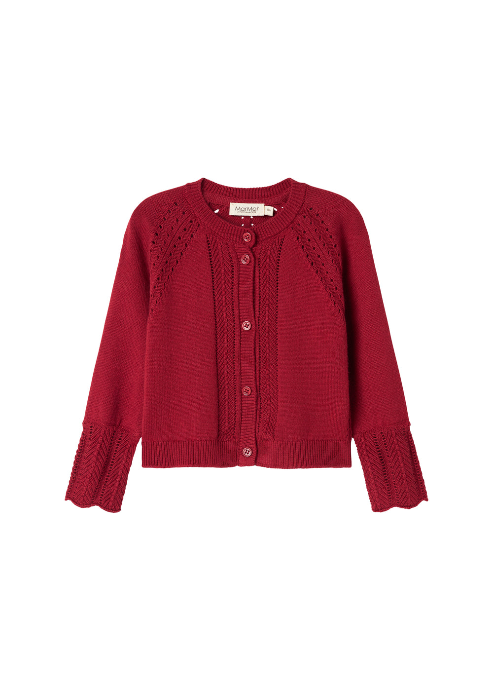 Rød cardigan med fine hulmønstre og ribkanter til baby
