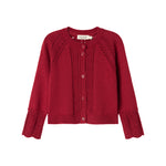 Rød cardigan med fine hulmønstre og ribkanter til baby