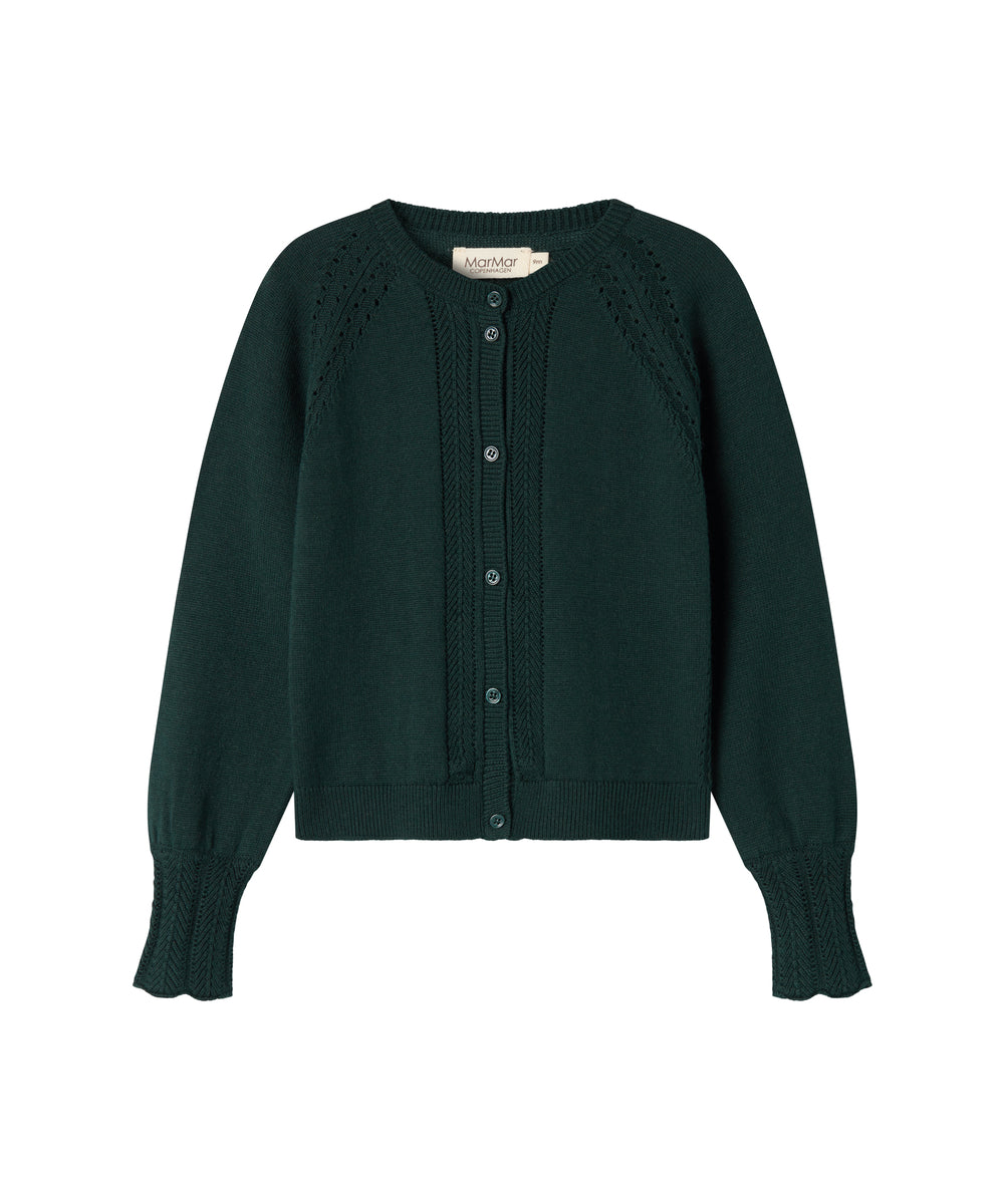 Mørkegrøn strikket cardigan med hulmønster og ribkanter til baby