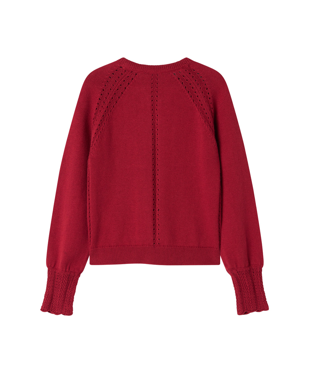 Rød juletrøje med fine hulmønstre og ribkanter til børn