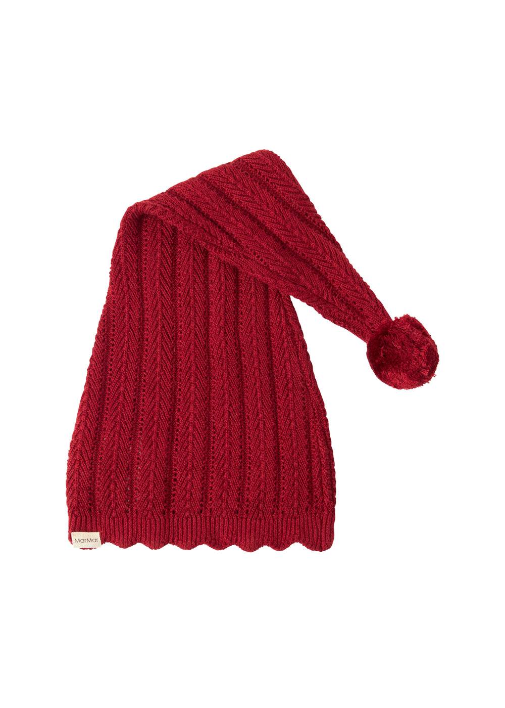 Rød strikket nissehue med kvast til baby