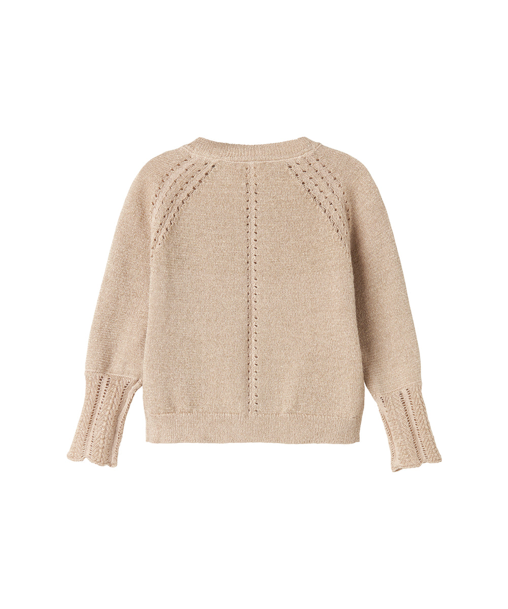 Beige cardigan med guldglimmer og fine ribdetaljer til baby