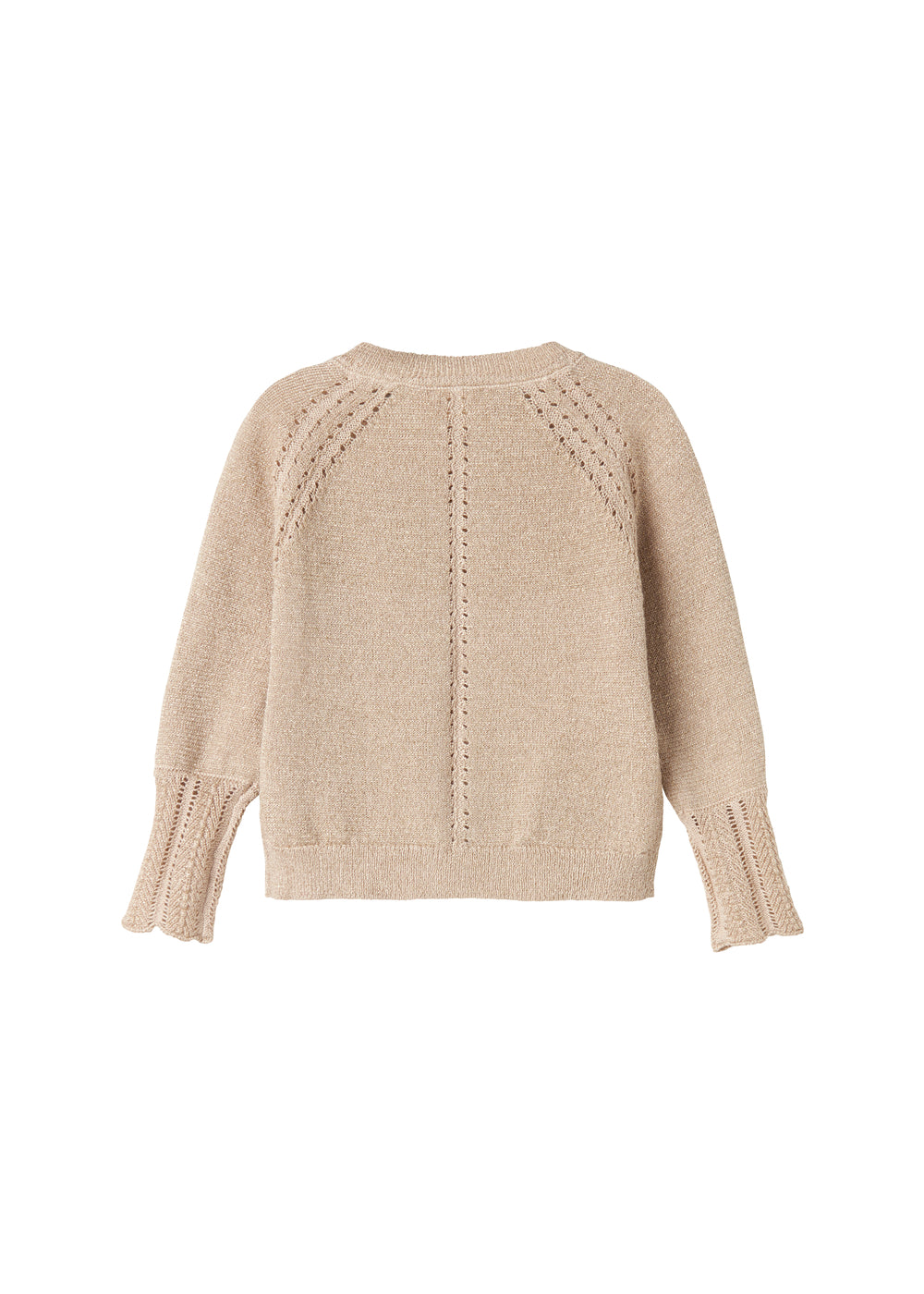 Beige cardigan med guldglimmer og fine ribdetaljer til baby