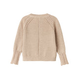 Beige cardigan med guldglimmer og fine ribdetaljer til baby