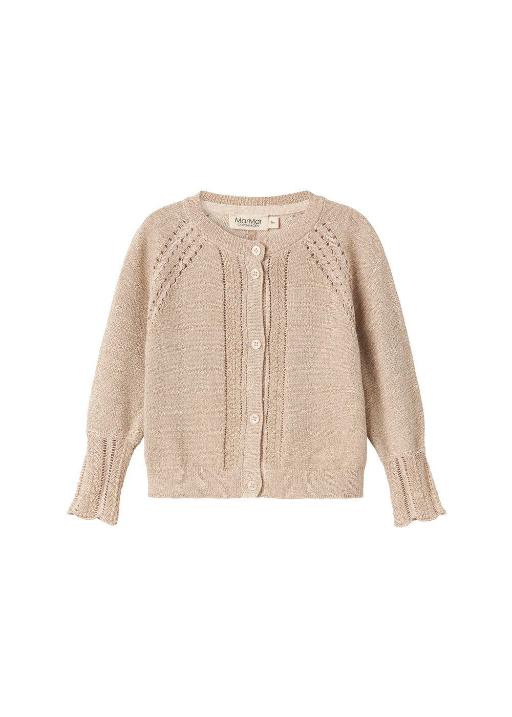 Beige cardigan med guldglimmer og fine ribdetaljer til baby