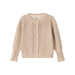 Beige cardigan med guldglimmer og fine ribdetaljer til baby
