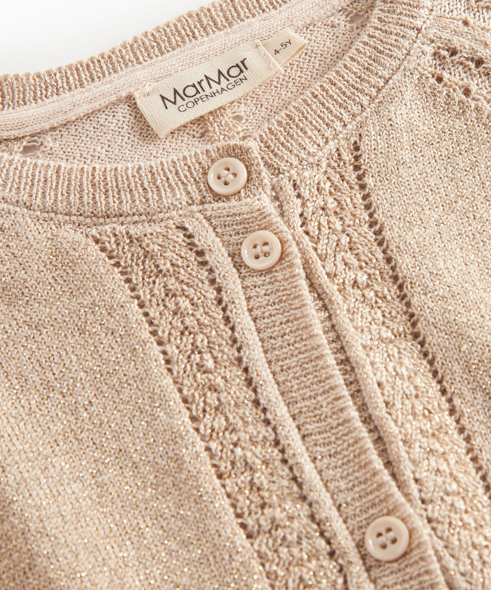 Beige cardigan med guldglimmer og fine ribdetaljer til børn