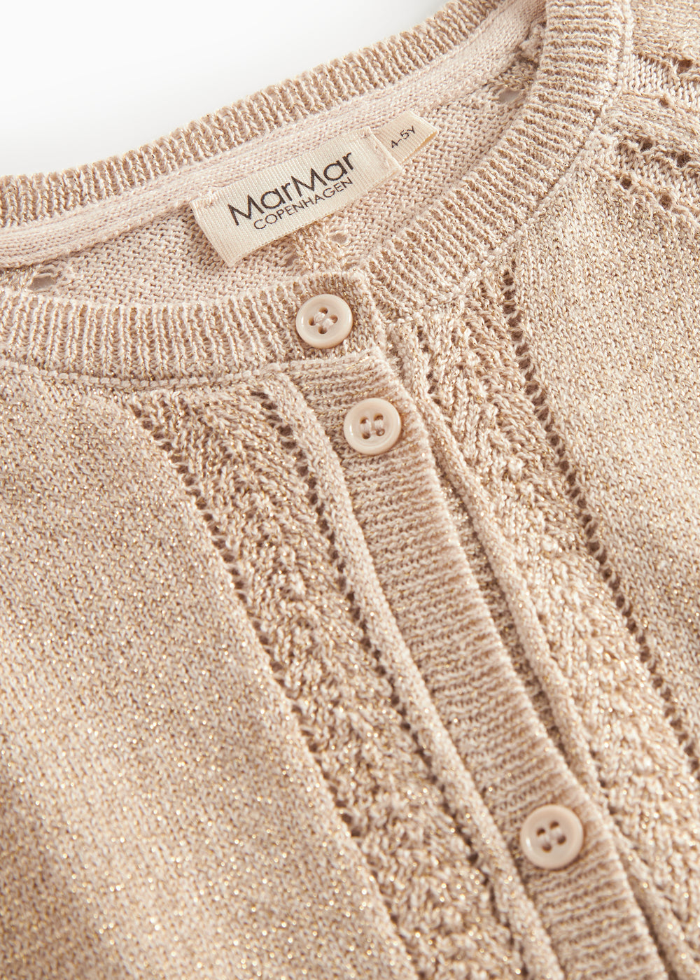 Beige cardigan med guldglimmer og fine ribdetaljer til børn