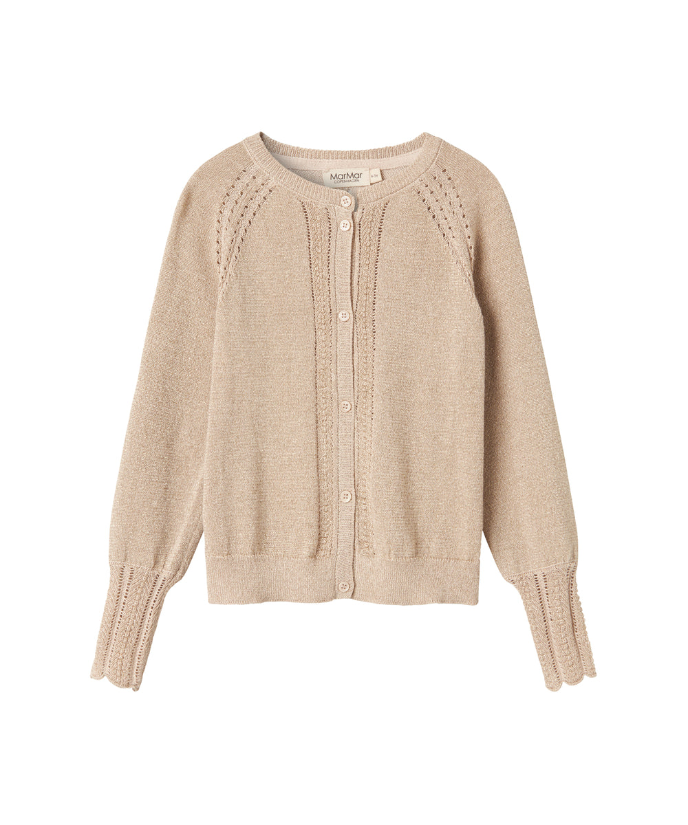 Beige cardigan med guldglimmer og fine ribdetaljer til børn