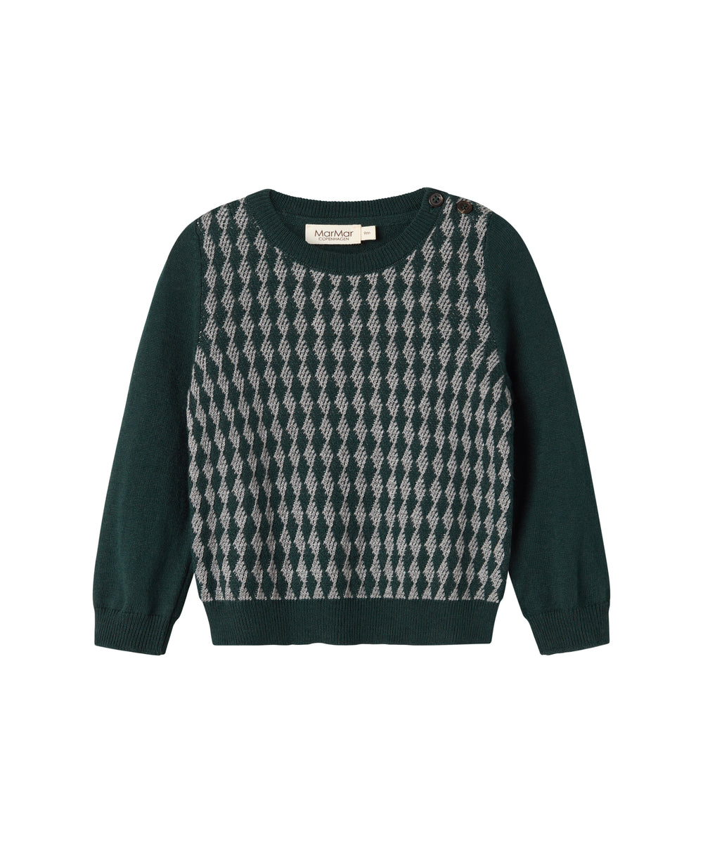 Strikket babybluse med ternet mønster i mørkegrøn