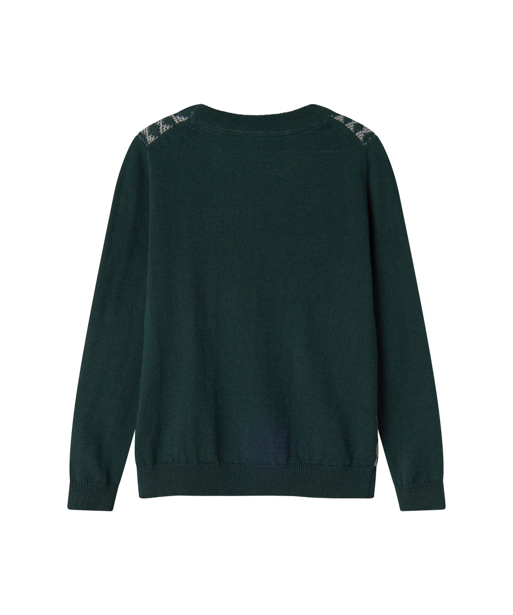 Strikket bluse med ternet mønster i mørkegrøn til børn