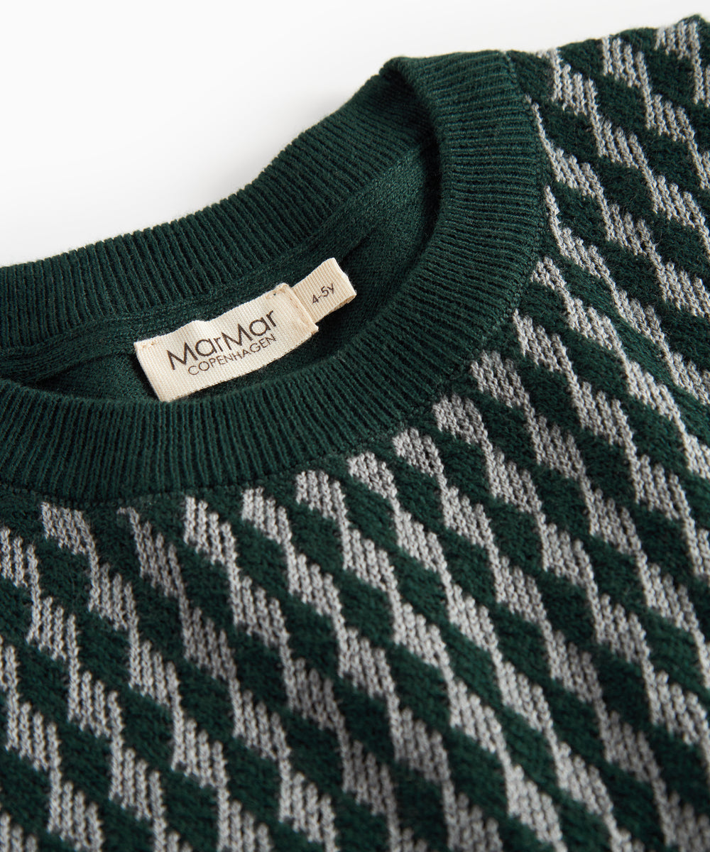 Strikket bluse med ternet mønster i mørkegrøn til børn