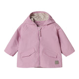 Lyserød overgangsjakke med hætte, lynlås og lommer til baby