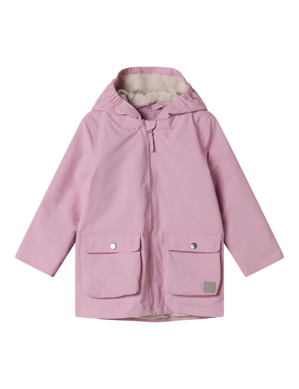 Lyserød overgangsjakke med hætte, lommer og knapper