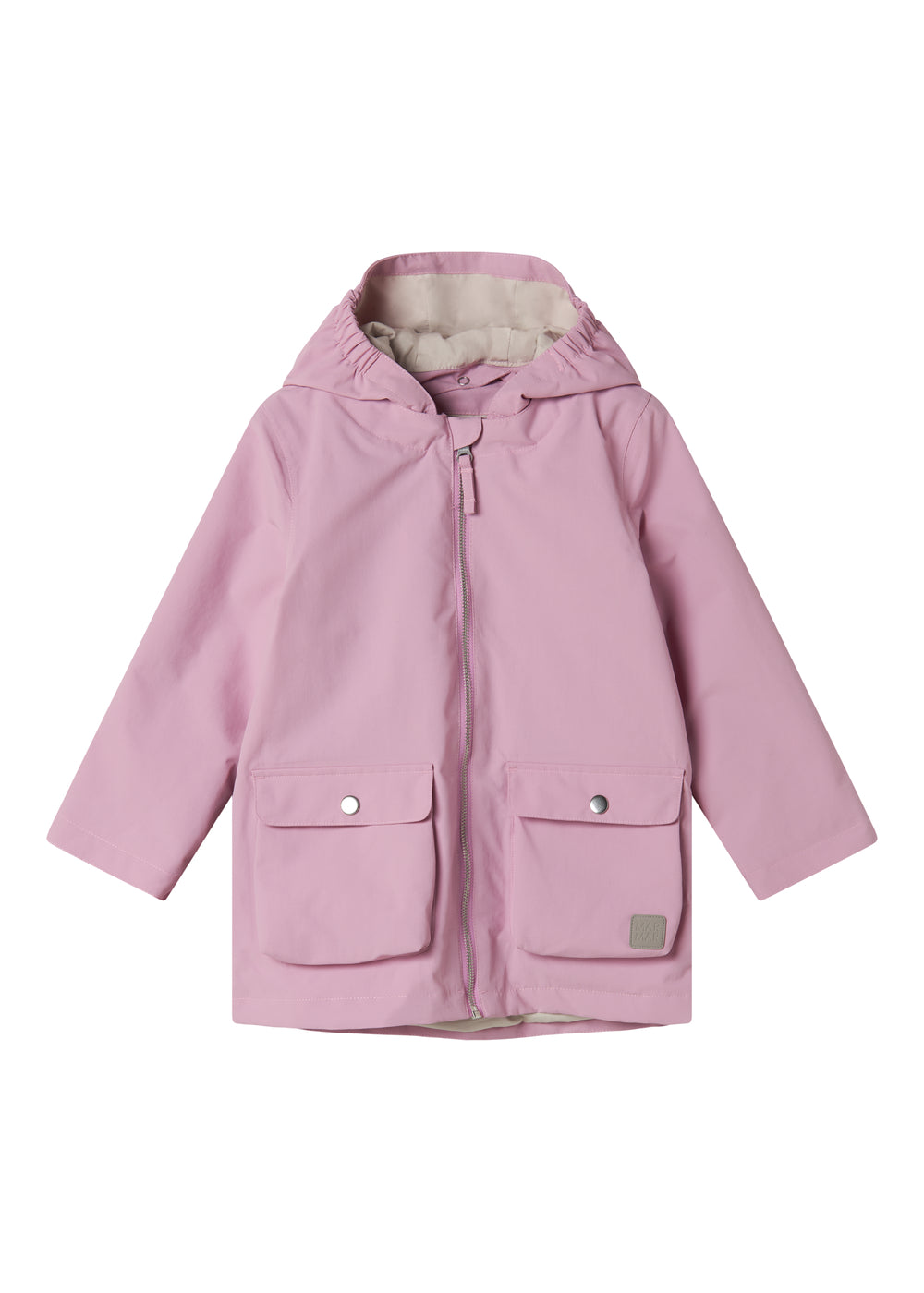 Lyserød overgangsjakke med hætte, lommer og knapper