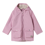 Lyserød overgangsjakke med hætte, lommer og knapper