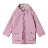 Lyserød overgangsjakke med hætte, lommer og knapper