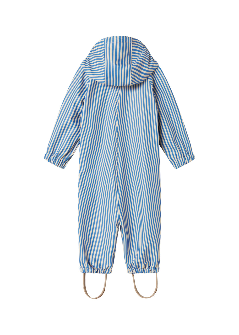 Blå stribet regndragt med hætte og fodstropper til baby