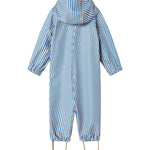 Blå stribet regndragt med hætte og fodstropper til baby