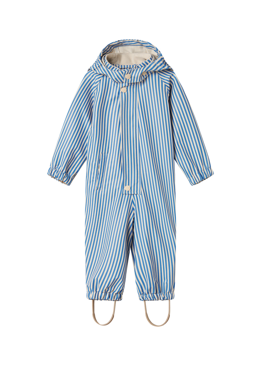 Blå stribet regndragt med hætte og fodstropper til baby