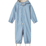 Blå stribet regndragt med hætte og fodstropper til baby