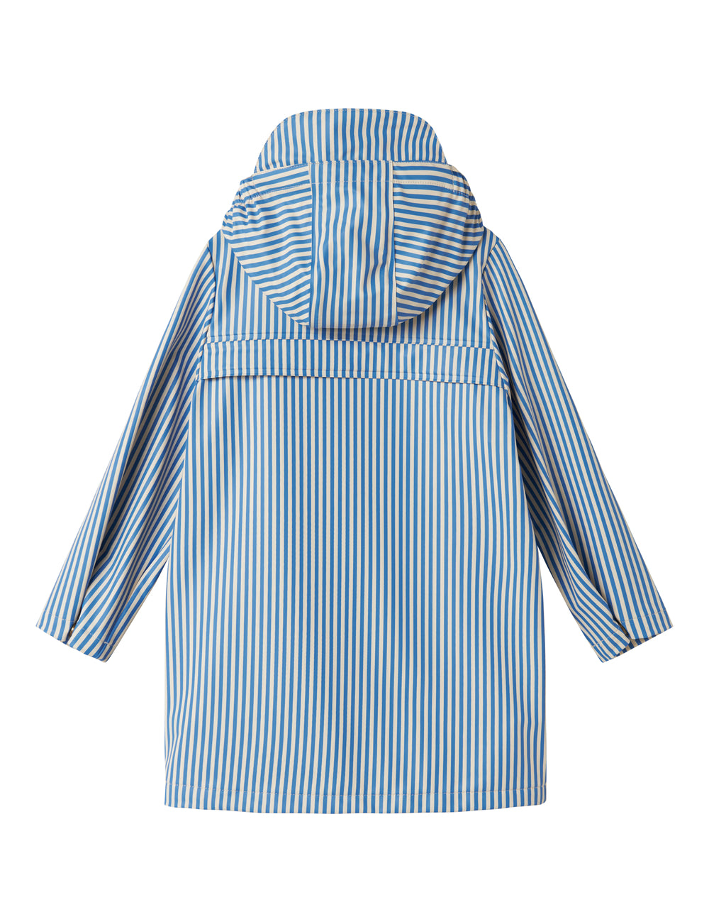 Blå stribet regnjakke med hætte, lommer og knapper til børn