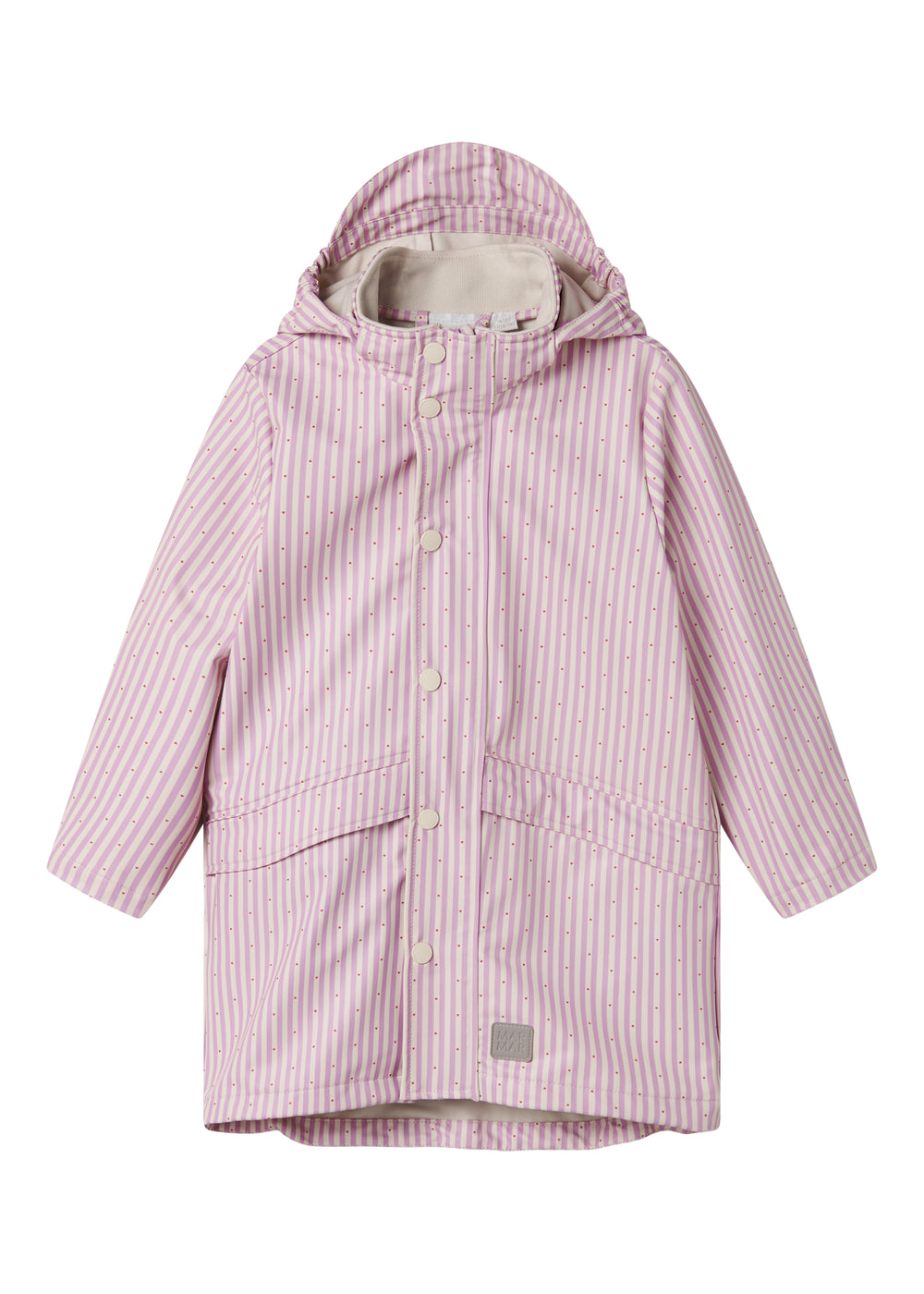 Lyserød stribet regnjakke til børn med hætte og knapper