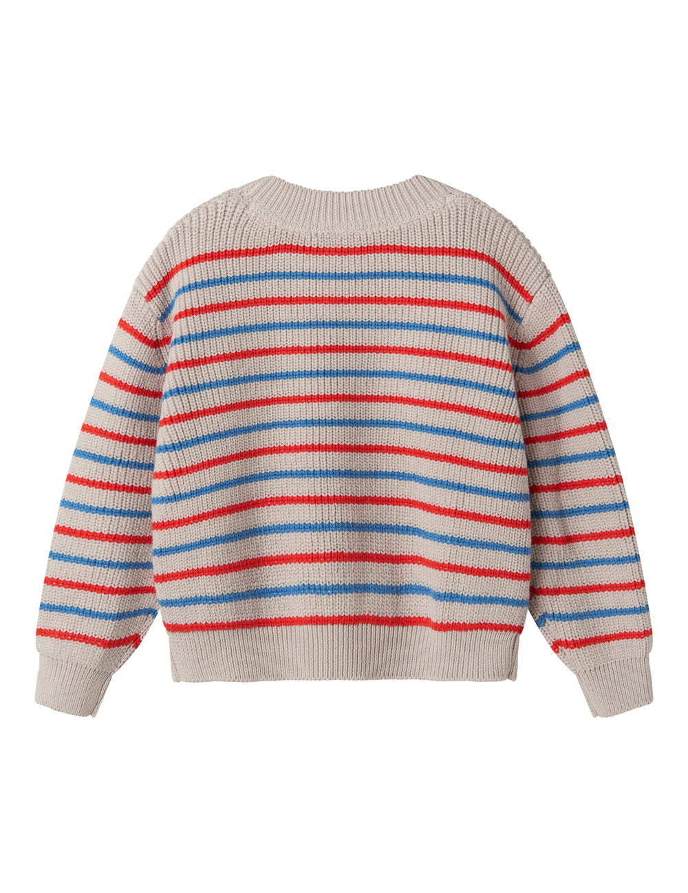 Stribet striktrøje til børn i beige med blå og røde striber