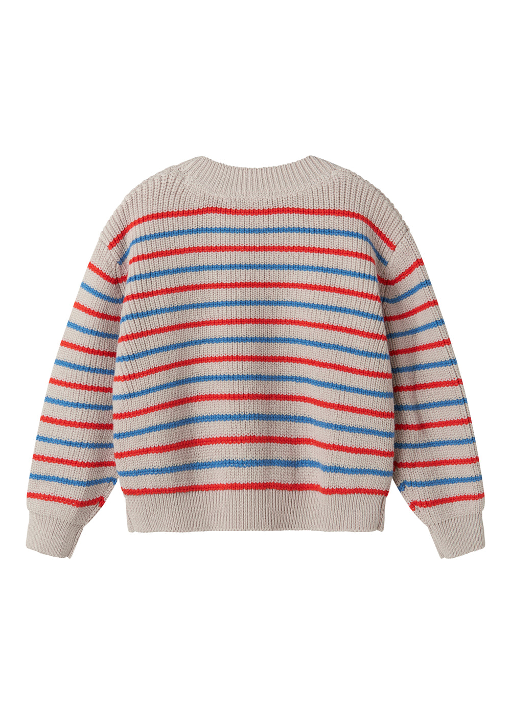 Stribet striktrøje til børn i beige med blå og røde striber