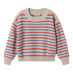 Stribet striktrøje til børn i beige med blå og røde striber