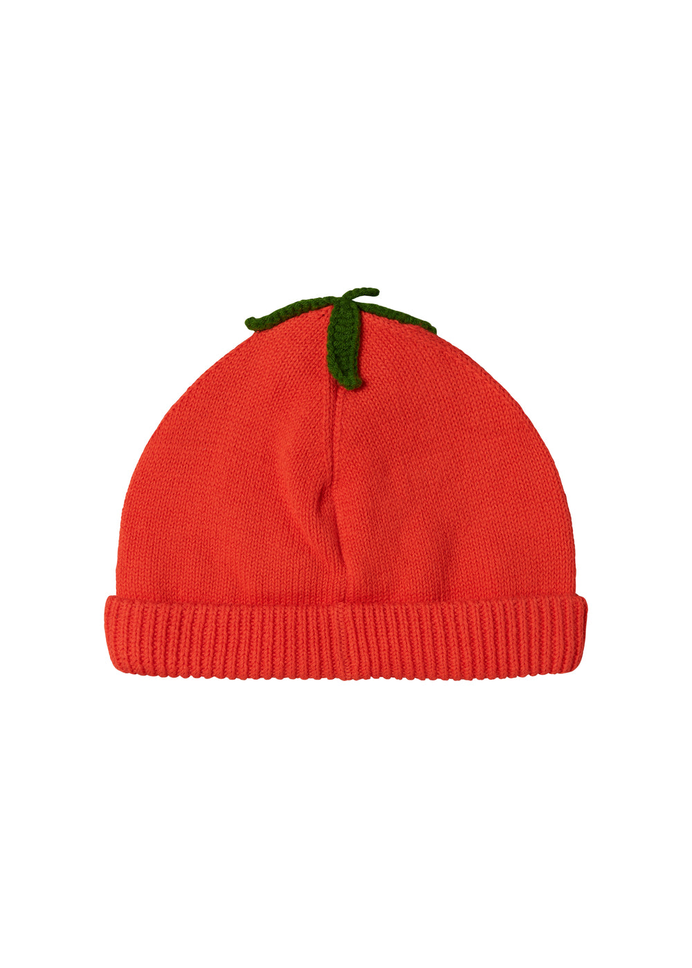 Rød strikhue med grønt blad til baby og børn