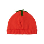 Rød strikhue med grønt blad til baby og børn