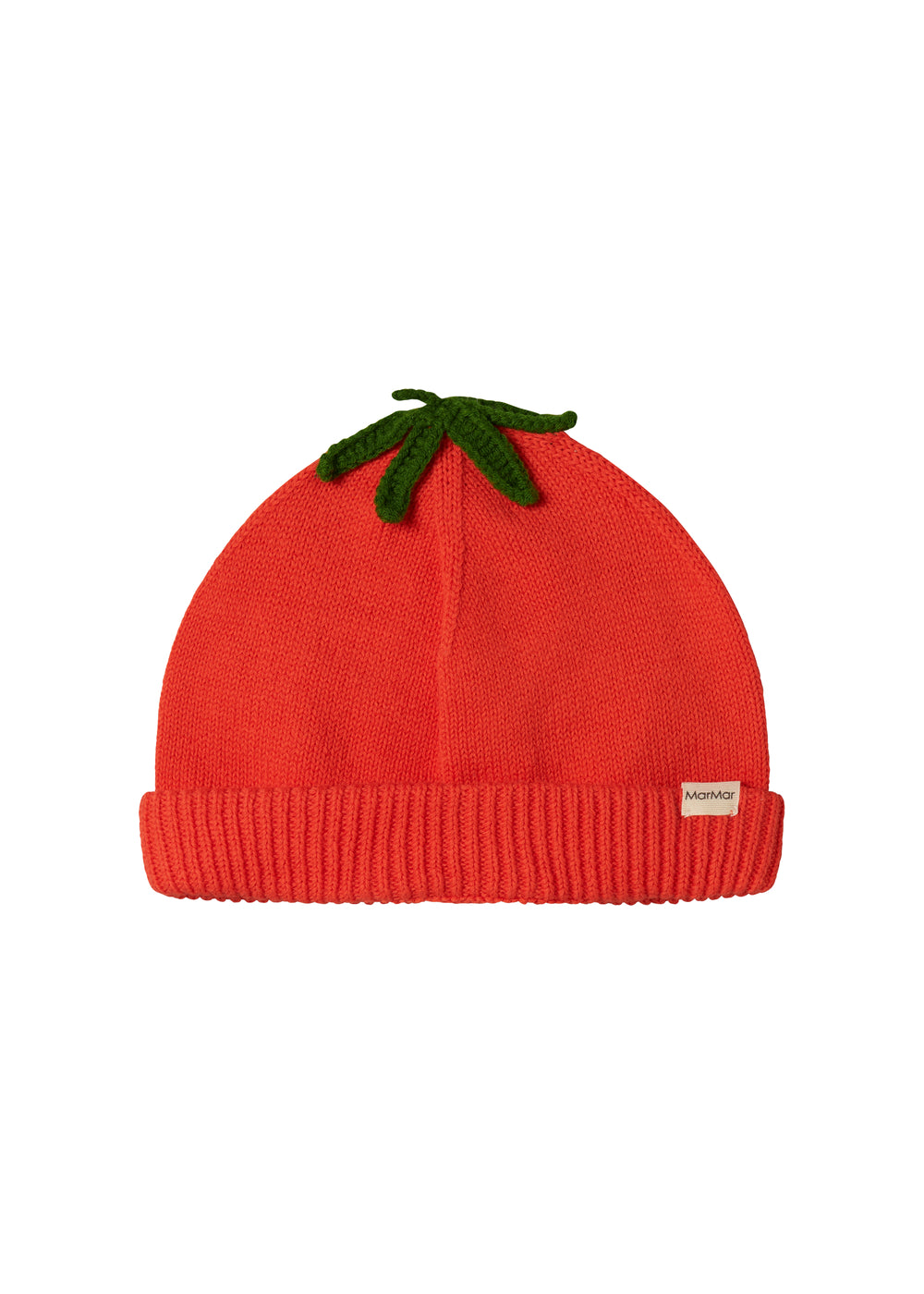 Rød strikhue med grønt blad til baby