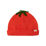 Rød strikhue med grønt blad til baby