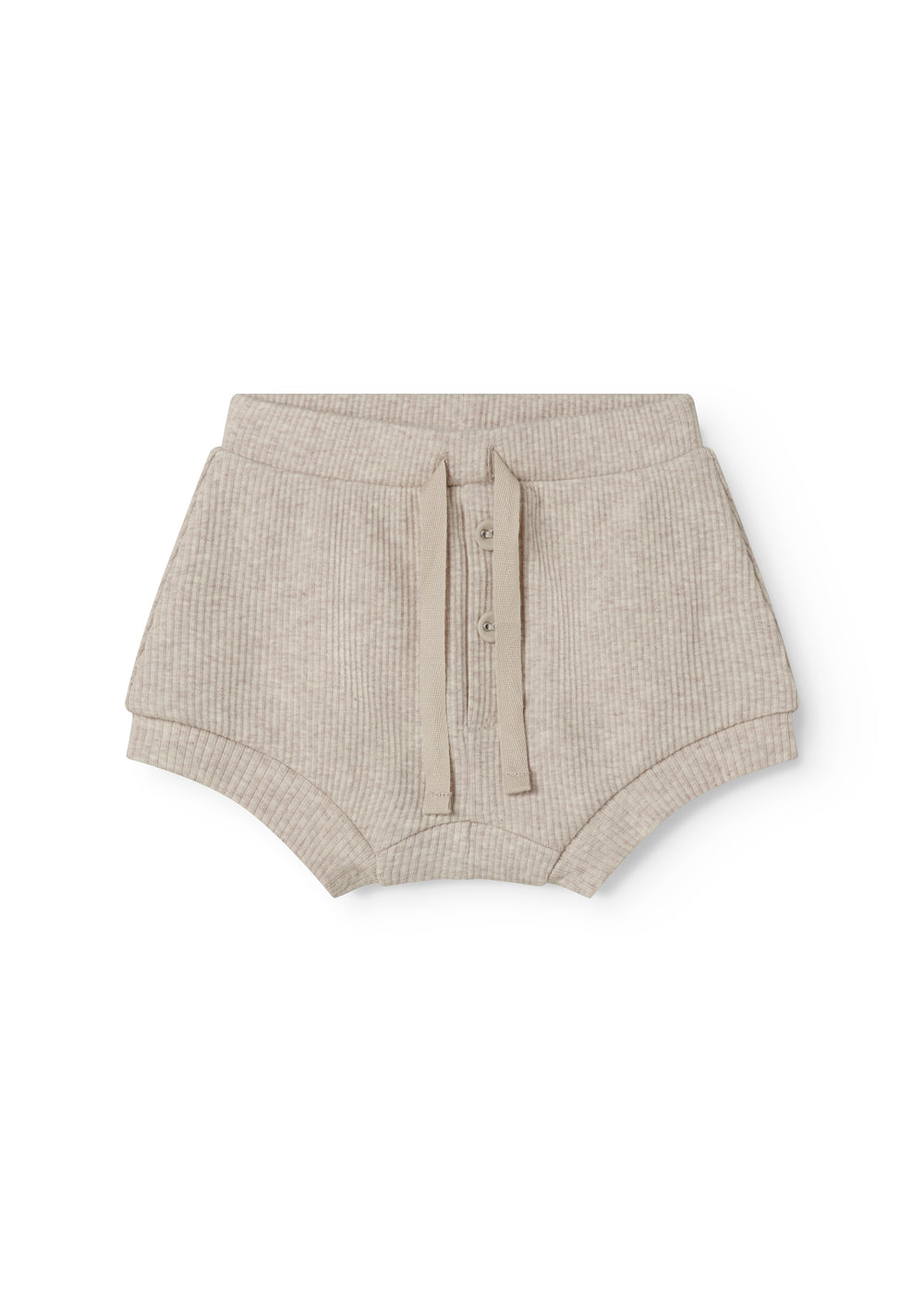 Beige baby bloomers med stolpe knaplukning og et pyntebånd i livet