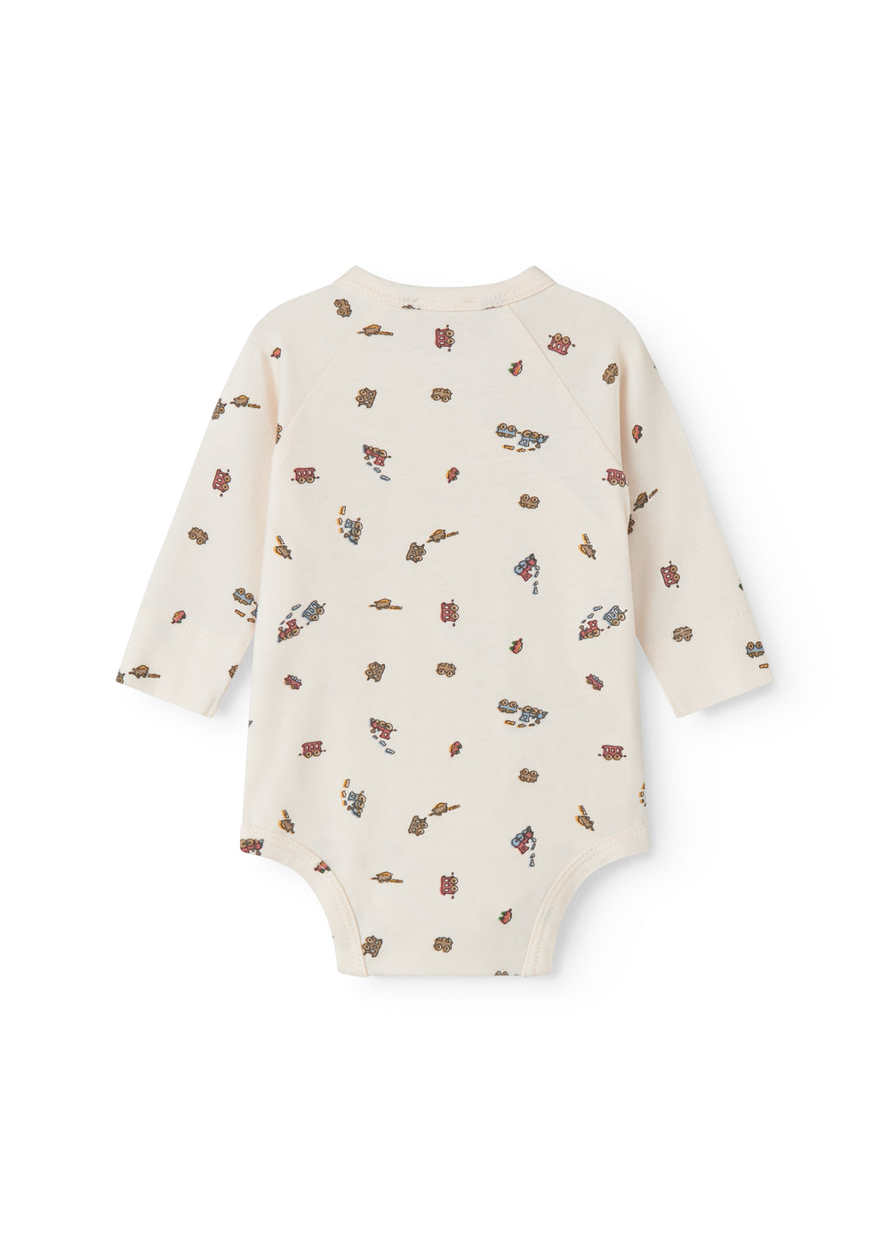 Langærmet bodystocking til nyfødt baby med slå-om-lukning og tog motif